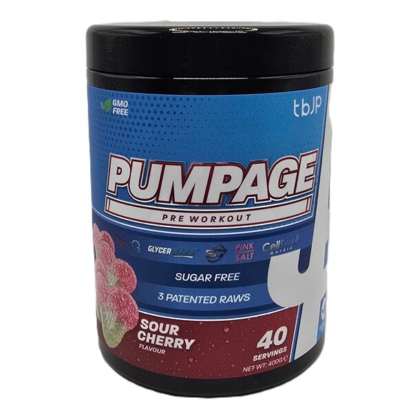 Beholder med Trained by JP Pumpage pre-workout pulver, surkirsebær, 400 g