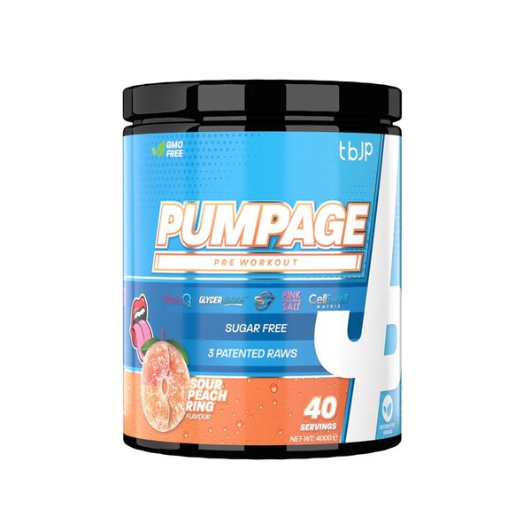 Beholder med Trained by JP Pumpage præ-workout-pulver, Sour Peach Ring, 400 g