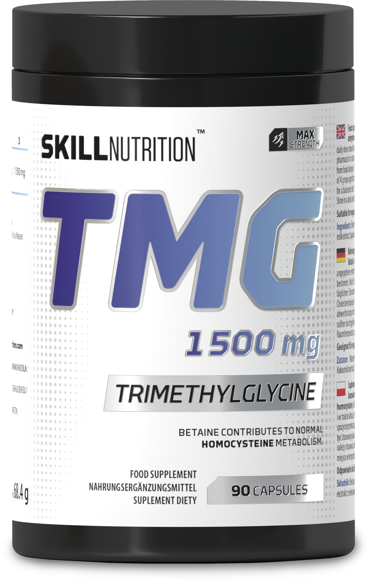 Beholder med Skill Nutrition TMG trimethylglycin 1500 mg, 90 veganske kapsler