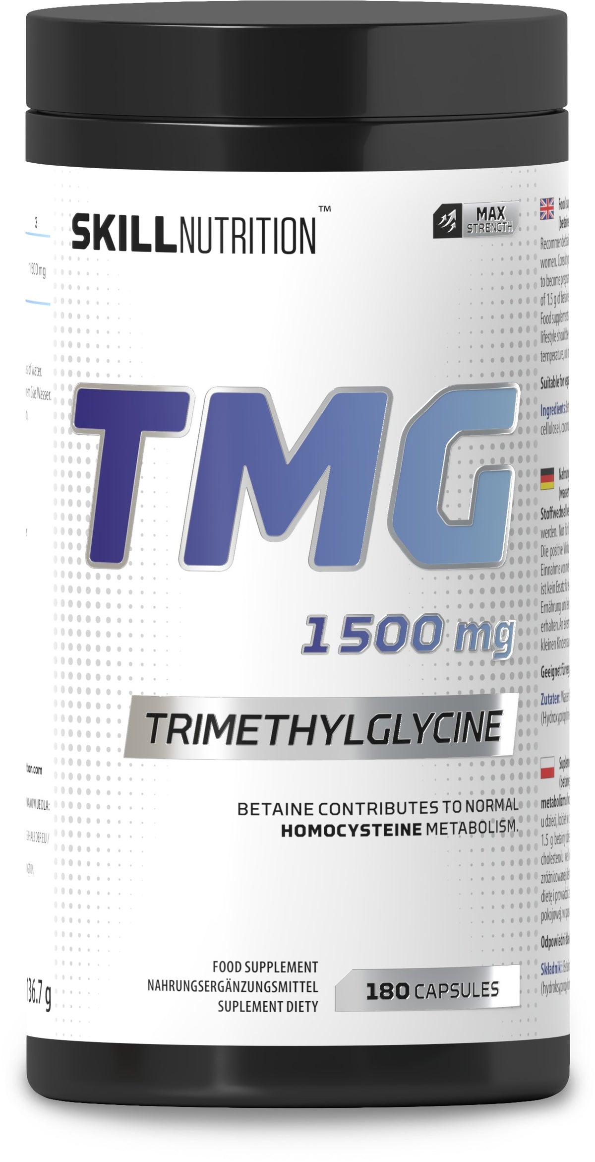 Pakning med Skill Nutrition TMG trimethylglycin 1500 mg, 180 veganske kapsler