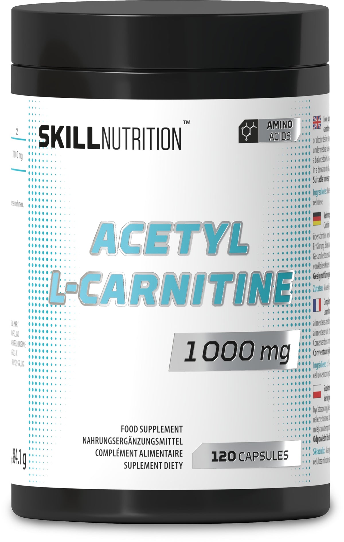 Beholder med Skill Nutrition Acetyl-L-karnitin, 1000 mg, 120 veganske kapsler
