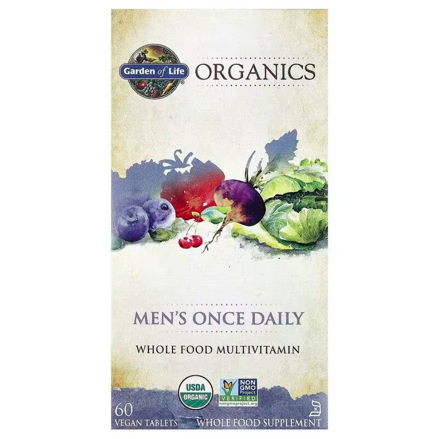 Glas med Garden of Life Mykind Once Daily multivitamin til mænd, 60 veganske tabletter