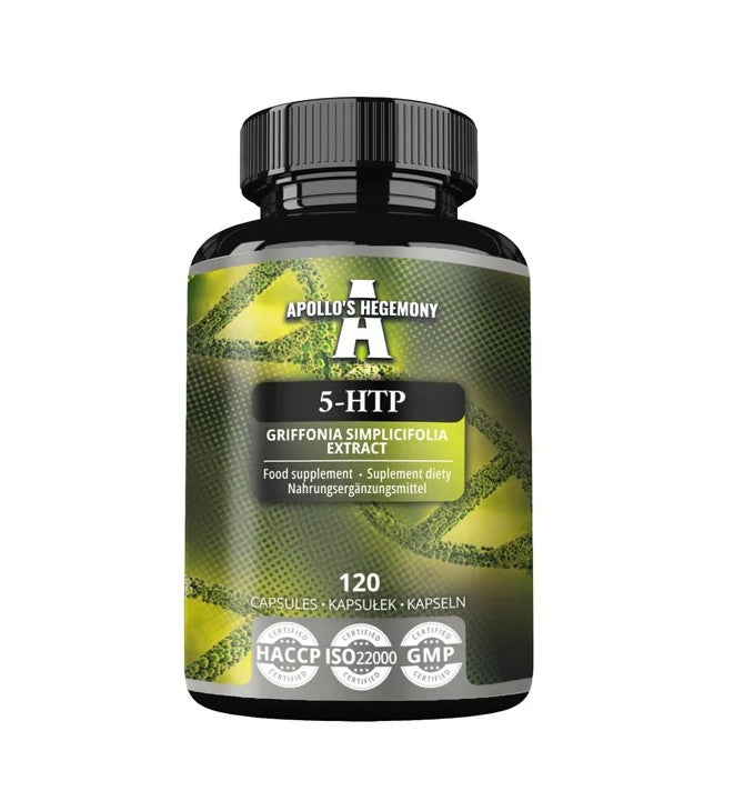Beholder med Apollo's Hegemony 5-HTP kapsler, 120 stk. med 200 mg pr. kapsel