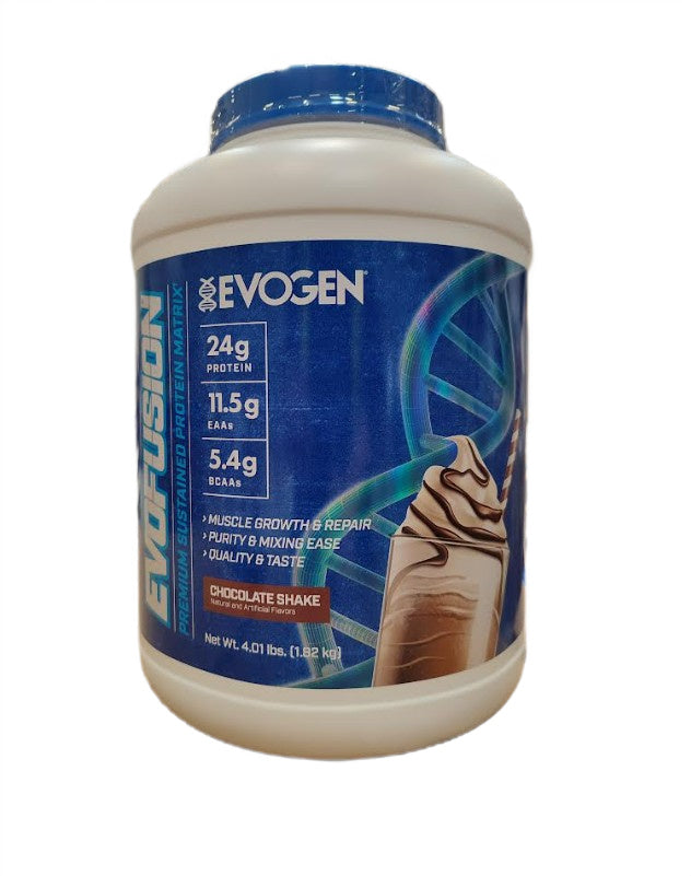 Beholder med Evogen Evofusion proteinblanding med chokoladeshake-smag, 1820 g
