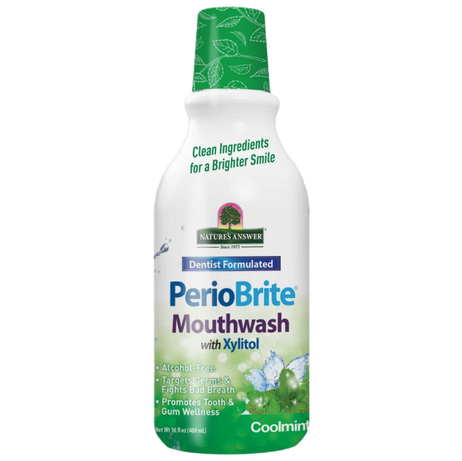 Flaske med Nature's Answer PerioBrite mundskyl med xylitol, Coolmint, 480 ml