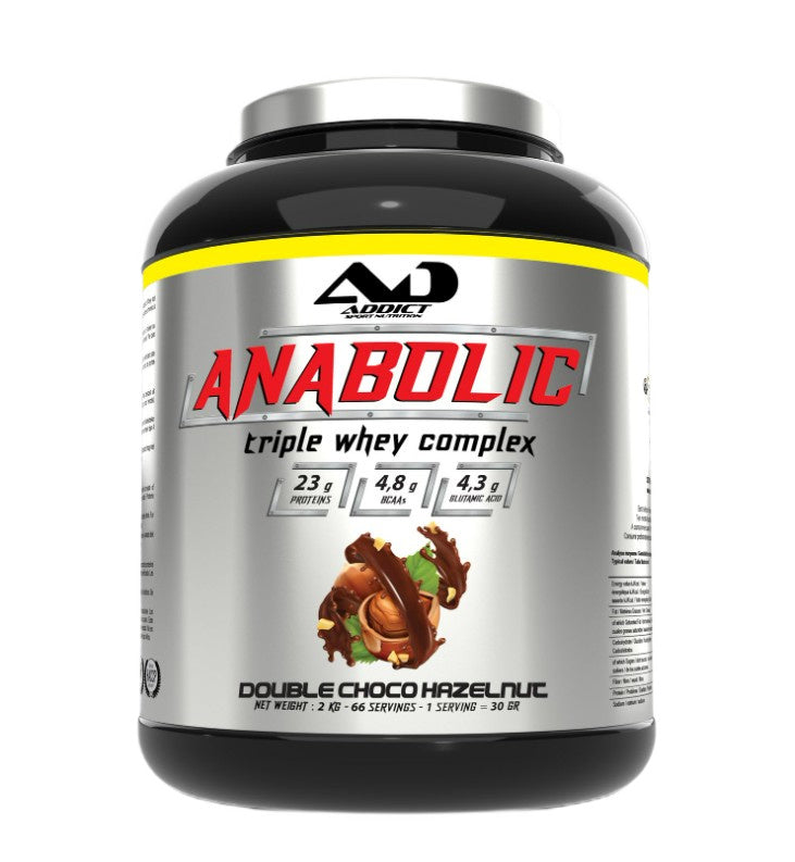 Stor pakning Addict Sport Nutrition Anabolic Triple Whey Complex valleprotein, Double Choco Hazelnut, 2000 g