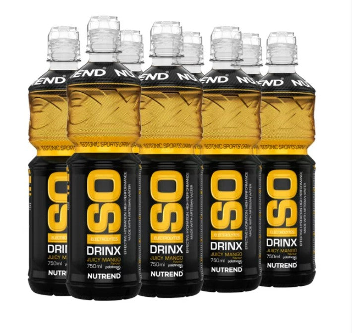 Multipakke med otte flasker Nutrend IsoDrinx i smagen Juicy Mango, 750 ml