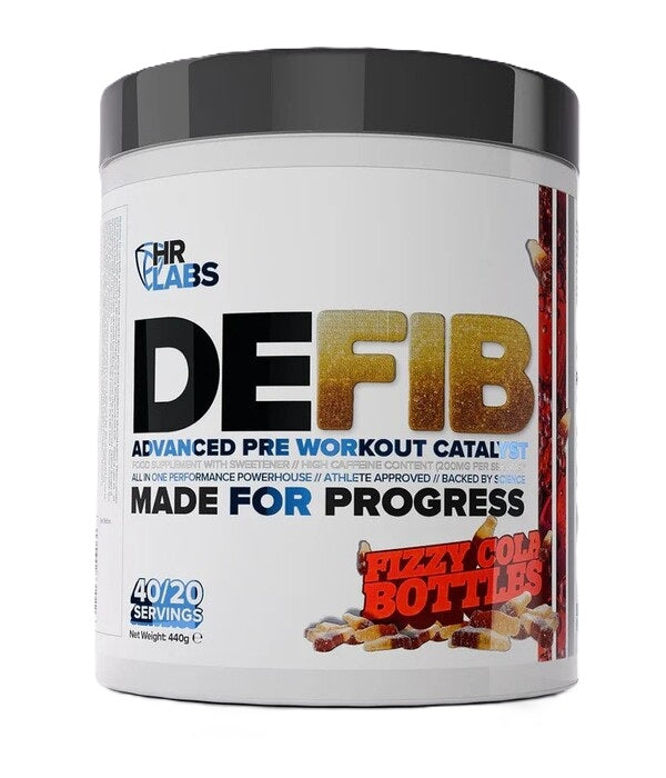 Dåse med HR Labs Defib Advanced Pre Workout Catalyst i smagen Fizzy Cola Bottles, 440 g