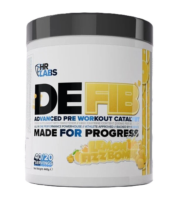 Dåse med HR Labs Defib Advanced Pre Workout Catalyst i smagen Lemon Fizz Bombs, 440 g