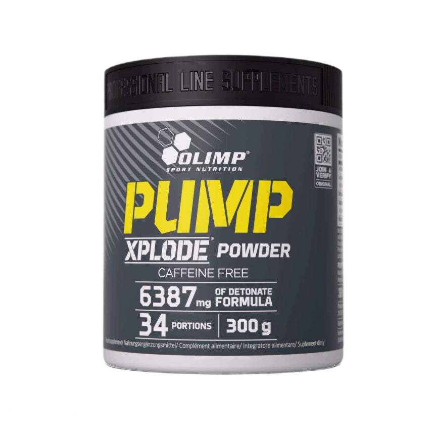 Beholder med Olimp Nutrition Pump Xplode pulver i smagen Fruit Punch, 300 g