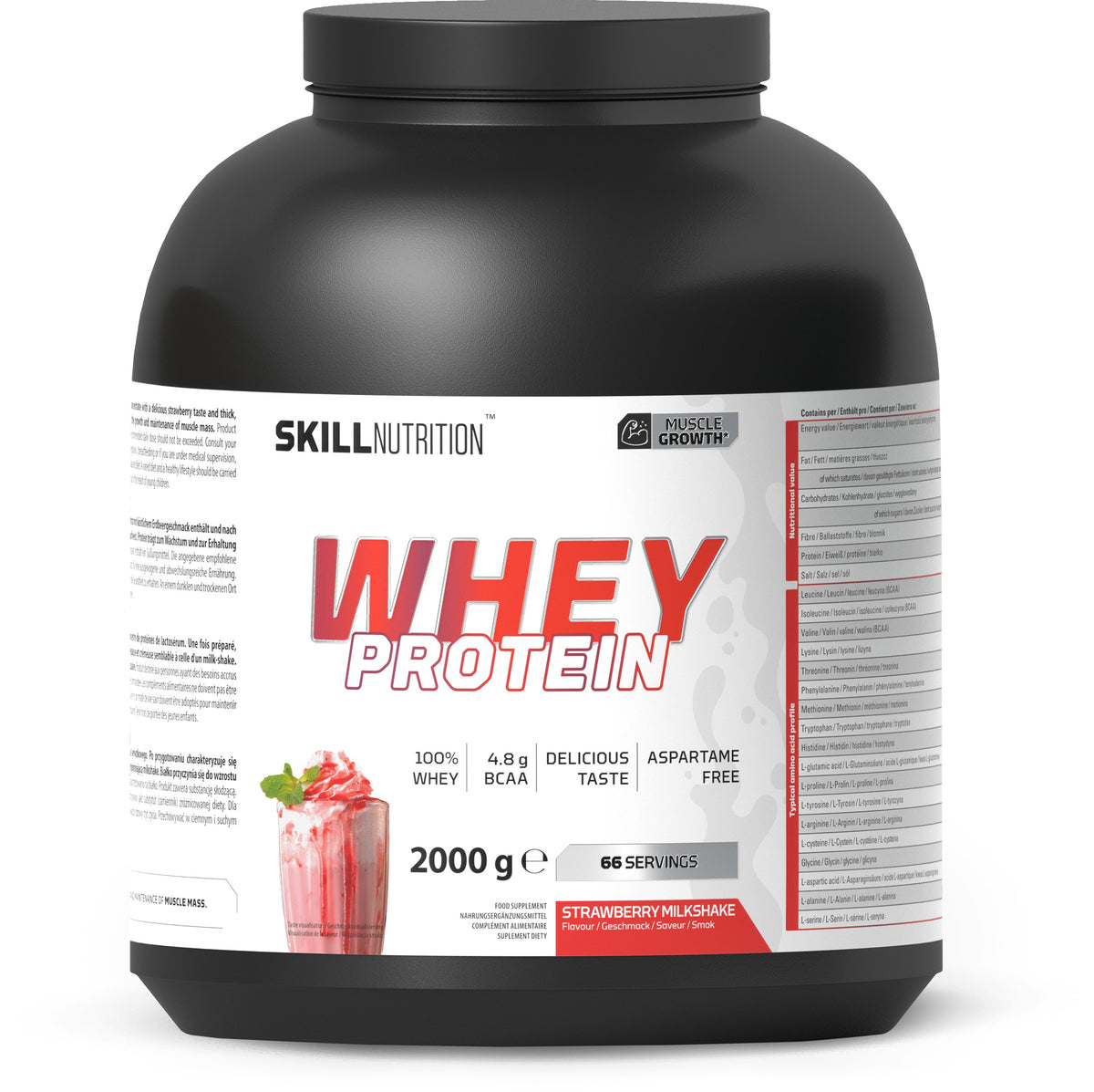 Pose med Skill Nutrition Whey Protein pulver, smag Strawberry Milkshake, 2000 g