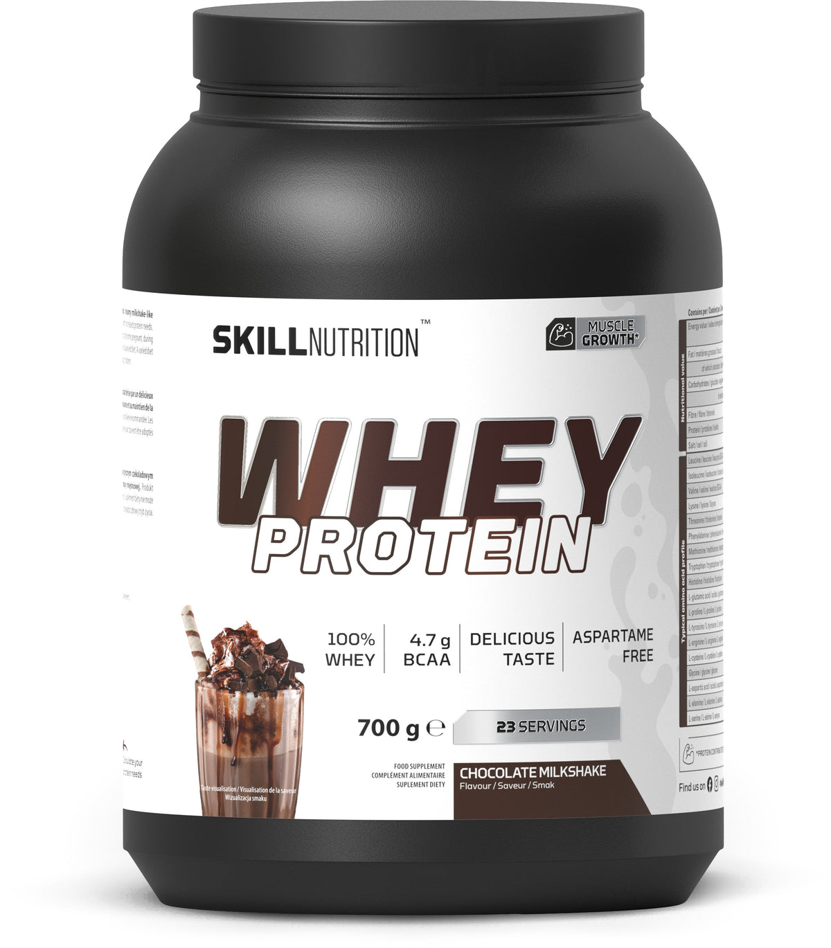 Pose med Skill Nutrition Whey Protein pulver, smag Chocolate Milkshake, 700 g