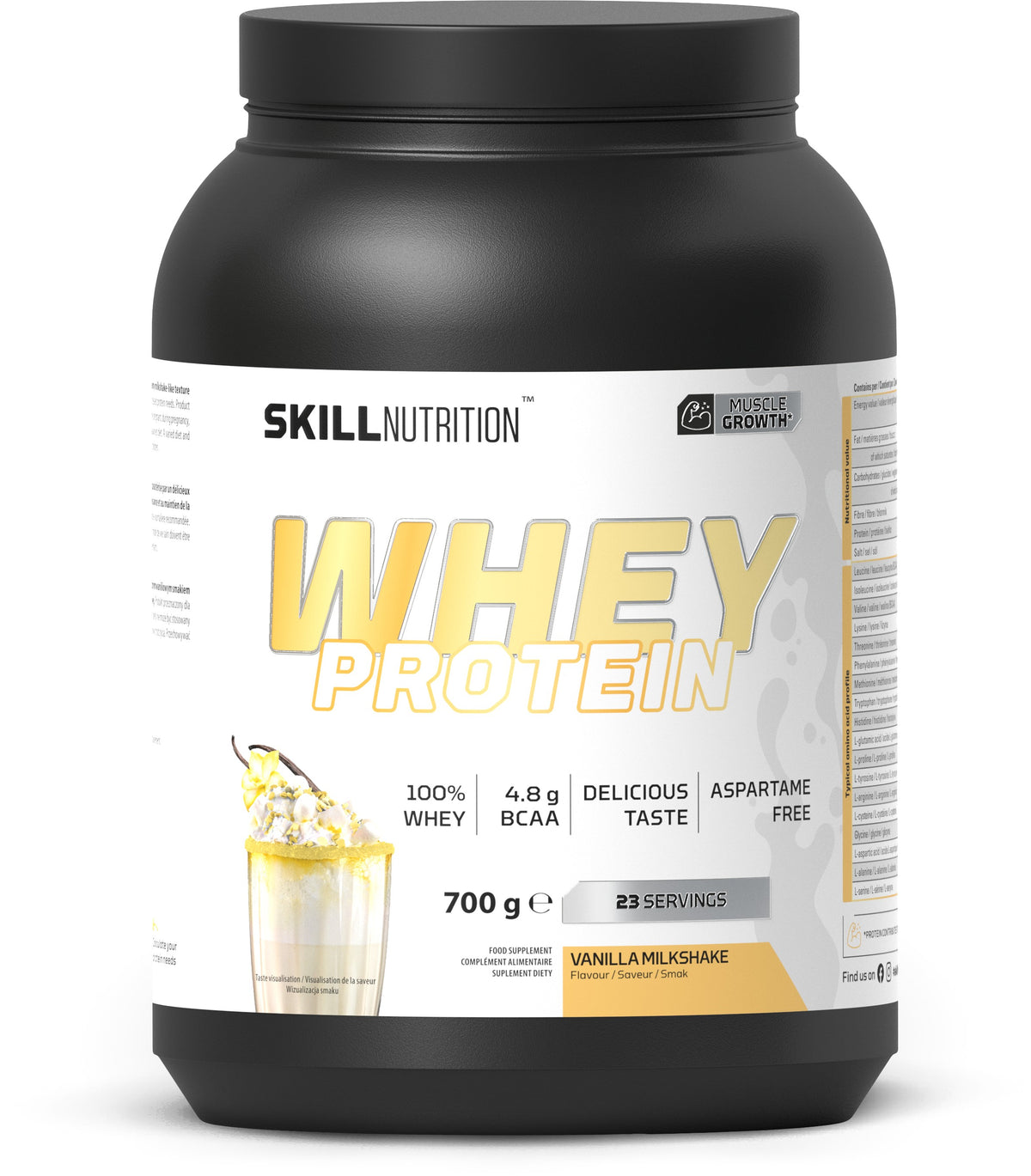 Pose med Skill Nutrition Whey Protein pulver i smagen Vanilla Milkshake, 700 g