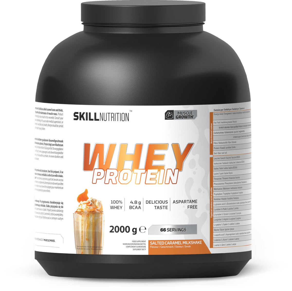 Skill Nutrition Whey Protein pulver, Salted Caramel Milkshake, pose med 2000 g