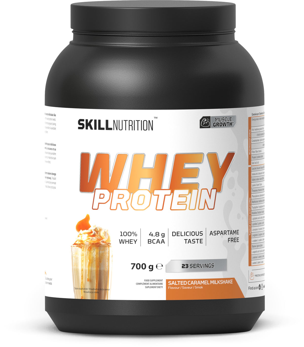 Pose med Skill Nutrition Whey Protein pulver, smag Salted Caramel Milkshake, 700 g