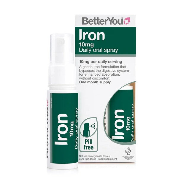 Flaske med BetterYou Iron 10 Daily Oral Spray med granatæblesmag, 25 ml