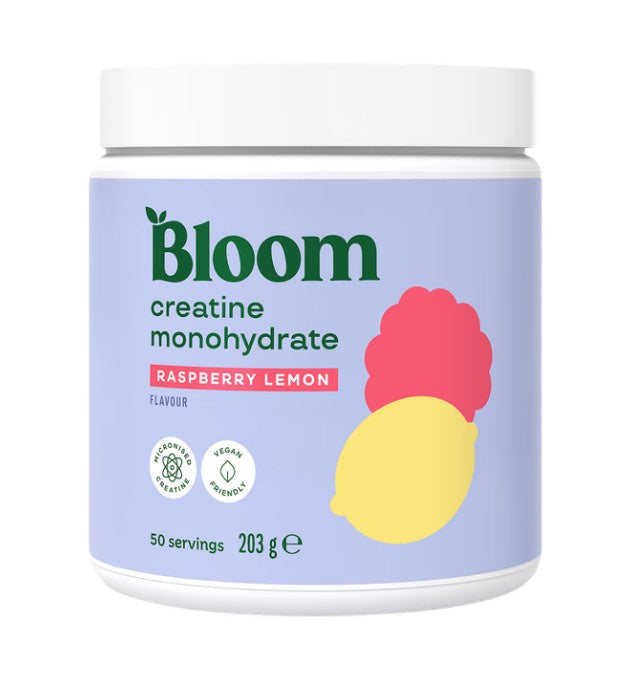 Beholder med Bloom Kreatinmonohydrat i smagen hindbær-citron, 203 g