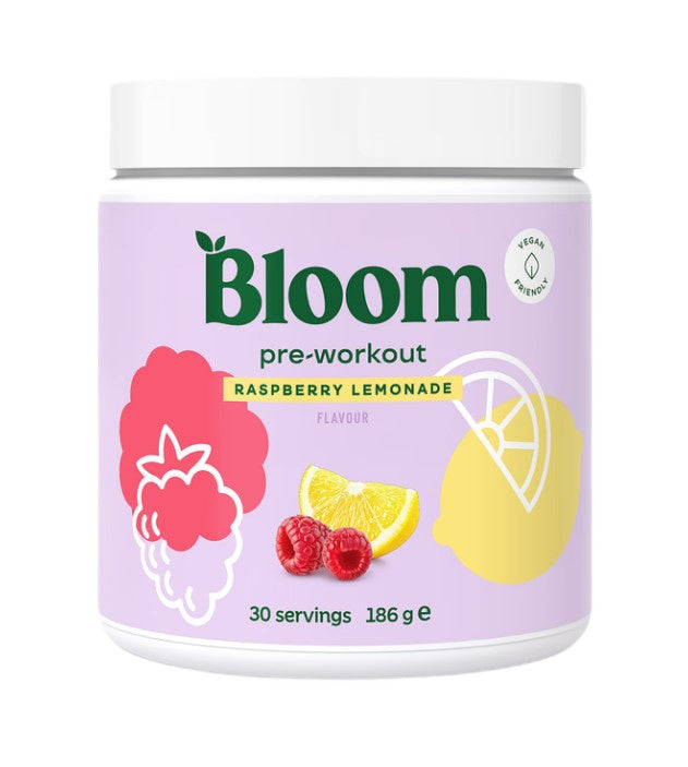 Beholder med Bloom Pre-Workout pulver med koffein, smag hindbærlimonade, 186 g