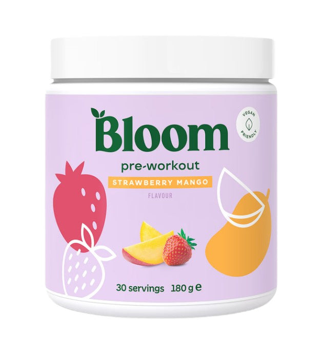 Bøtte med Bloom Pre-Workout pulver med koffein, smag jordbær-mango, 180 g
