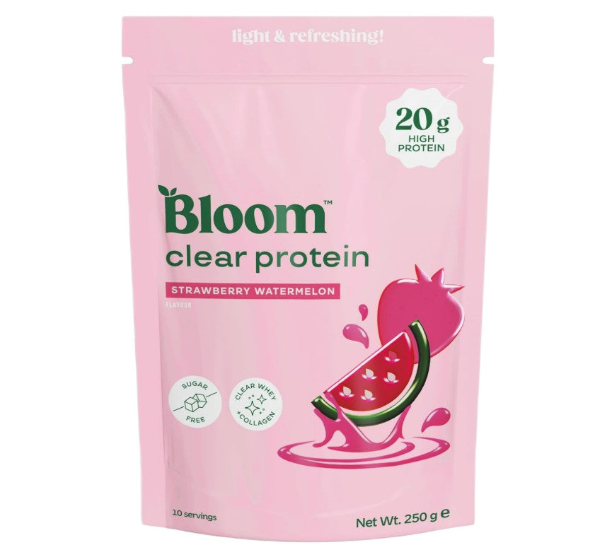 Pose med Bloom Clear Protein kollagenpeptider i smagen jordbær-vandmelon, 250 g
