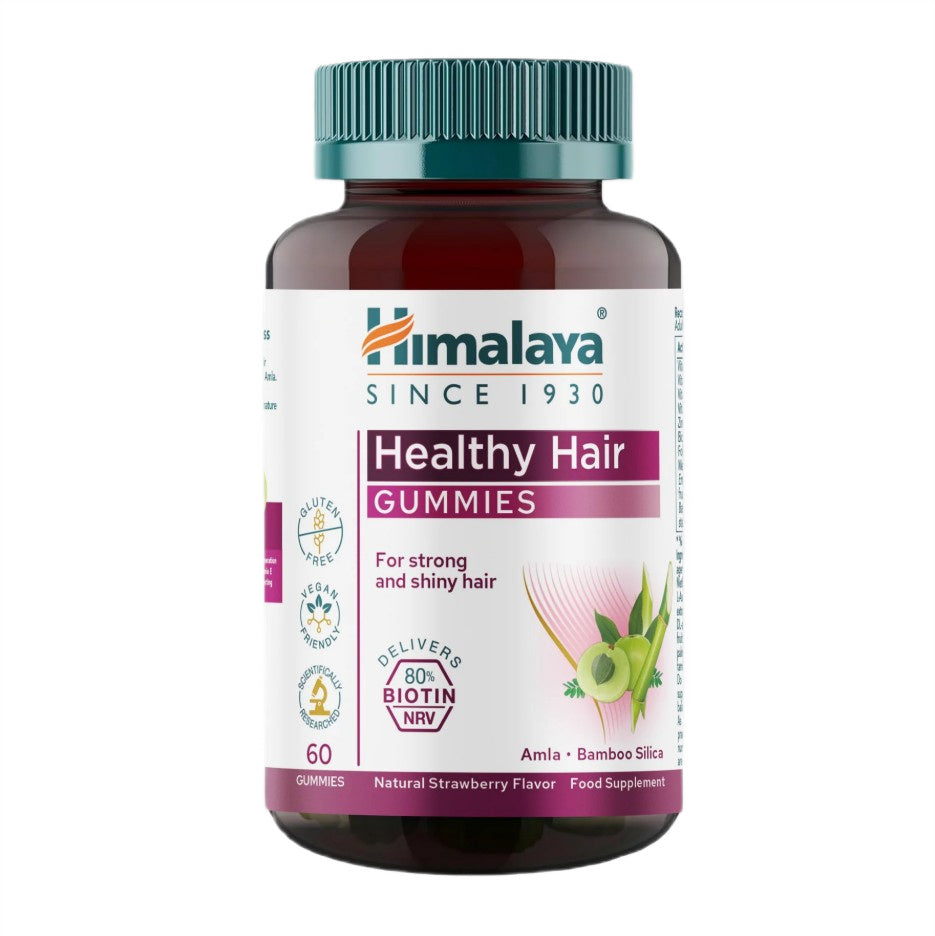 Pakke med Himalaya Healthy Hair vingummier med naturlig jordbærsmag, 60 stk.