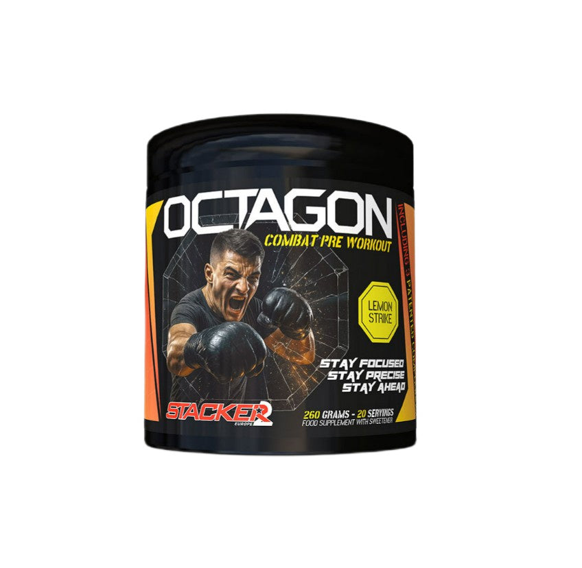 Bøtte med Stacker2 Europe Octagon Pre Workout med smagen Lemon Strike, 260 g