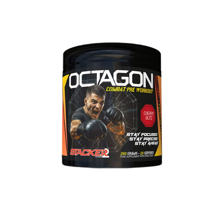 Stacker2 Europe Octagon Pre Workout med koffein, Cherry Blitz, 260 g beholder