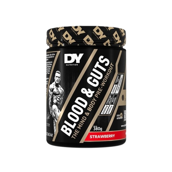 Dunk med Dorian Yates Blood and Guts pre-workout pulver i smagen Strawberry, 380 g
