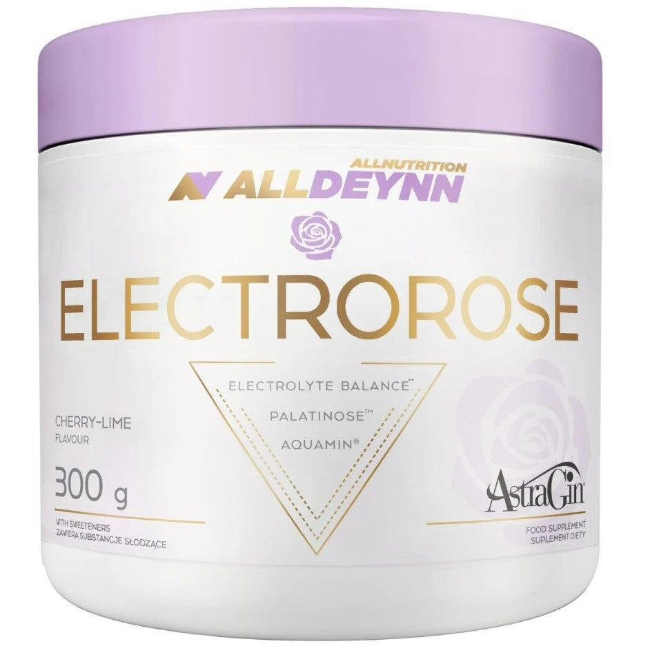 Bøtte med Allnutrition AllDeynn Electrorose elektrolytpulver, kirsebær-lime, 300 g