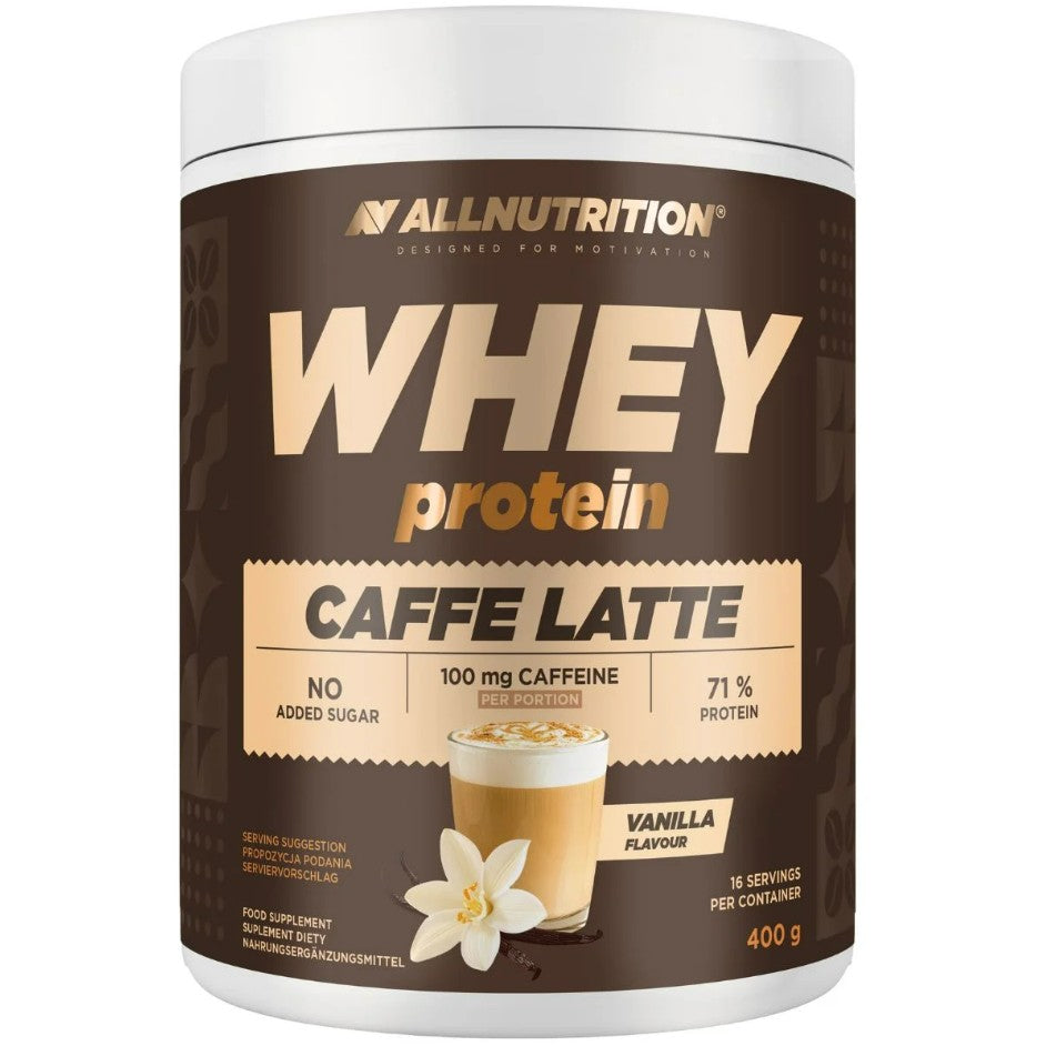 Pakning med Allnutrition Whey Protein valleproteinpulver, caffe latte og vanilje, 400 g