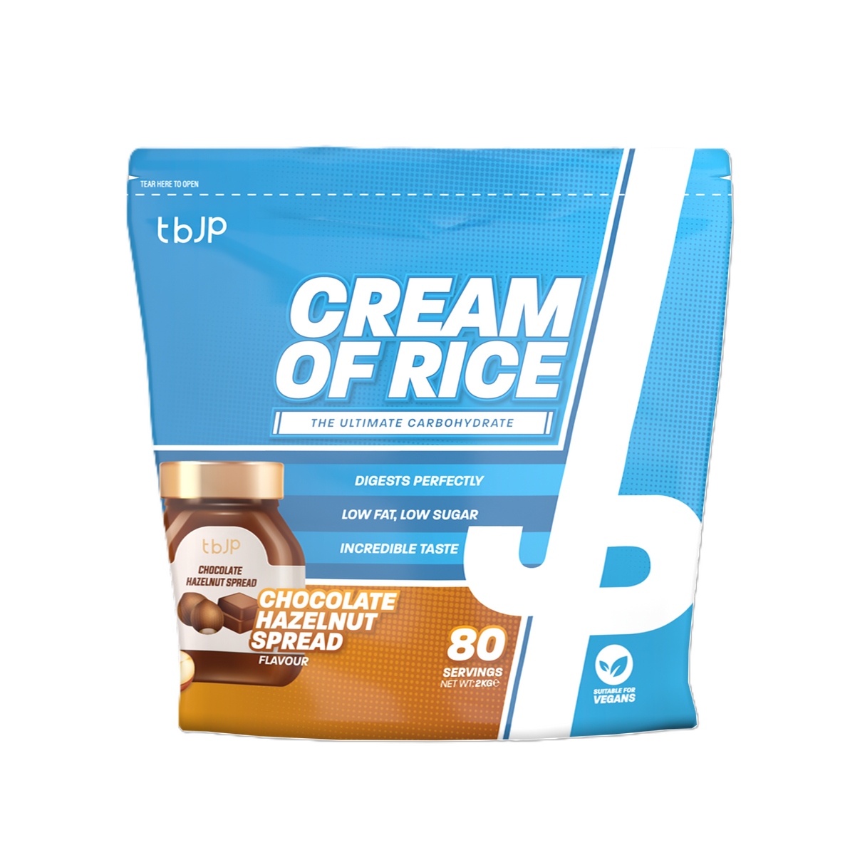 Pose med Trained by JP risgrød Cream of Rice, chokolade-hasselnøddepasta, 2000 g