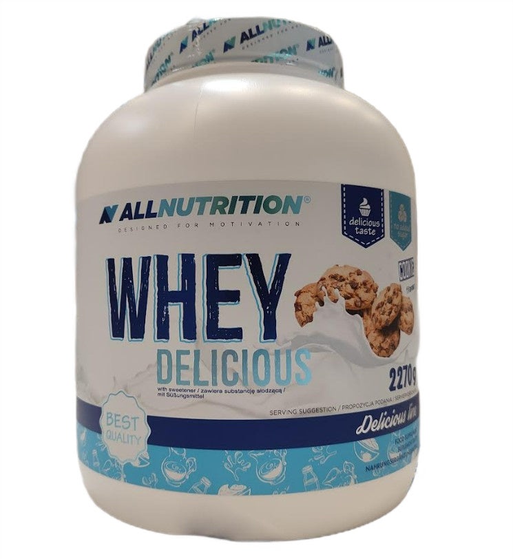 Stor beholder med Allnutrition Whey Delicious proteinpulver i smagen cookies, 2270 g