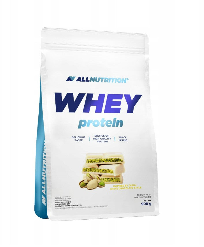 Bøtte med Allnutrition Whey Protein valleprotein, 908 g, smag Dubai White Chocolate Style