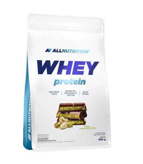 Bøtte med Allnutrition Whey Protein valleprotein, 908 g, smag Dubai Chocolate Style