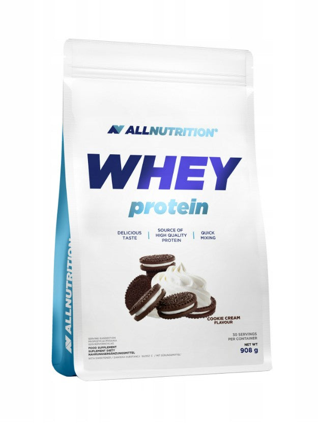 Pose med Allnutrition Whey Protein valleproteinpulver, 908 g, smag Cookie Cream