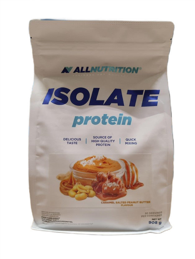 Pose med Allnutrition Isolate Protein valleisolat, 908 g, karamel med saltet jordnøddesmør