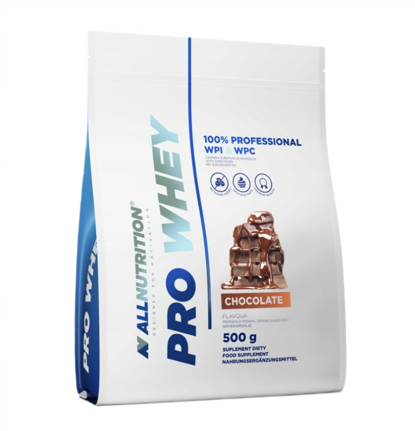 Dåse med Allnutrition Pro Whey proteinpulver med chocolate-smag, 500 g