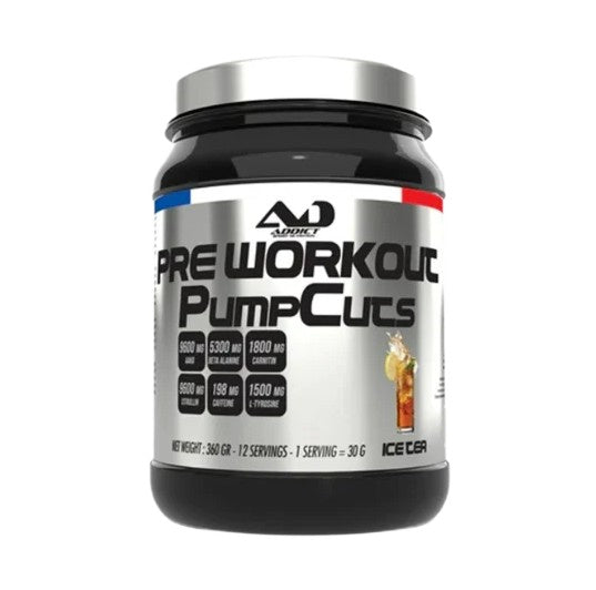 Beholder med Addict Sport Nutrition Pre Workout Pump Cuts i smagen iste, 360 g