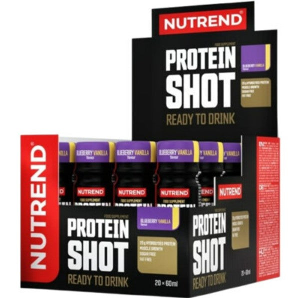 Æske med Nutrend Protein Shot i smagen blåbær-vanilje, 20 stk. á 60 ml