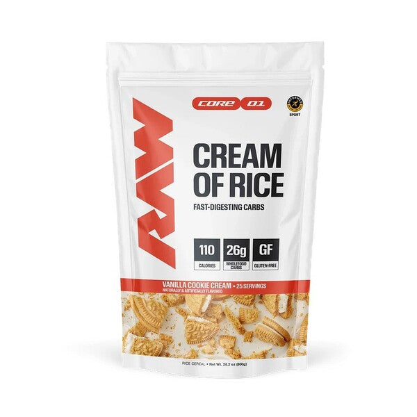 Bøtte med Raw Nutrition Cream of Rice kulhydratpulver, vaniljekagecreme, 800 g
