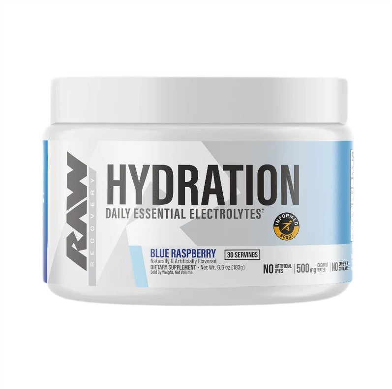 Raw Nutrition Hydration elektrolytpulver med smag af blå hindbær, 183 g