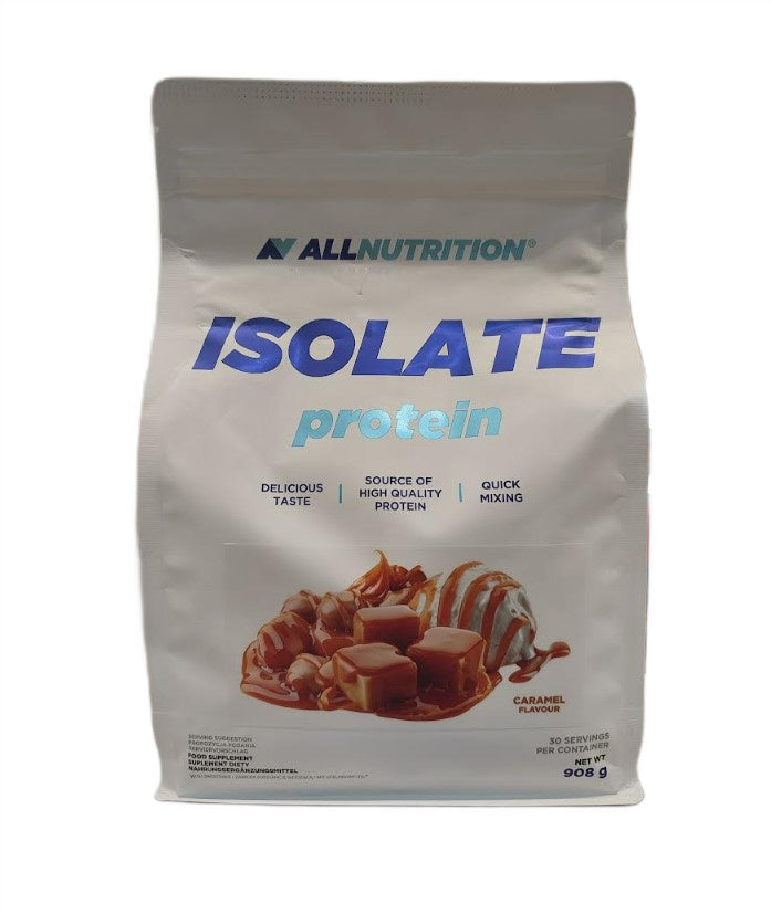 Pakning med Allnutrition Isolate Protein valleisolat med karamelsmag, 908 g