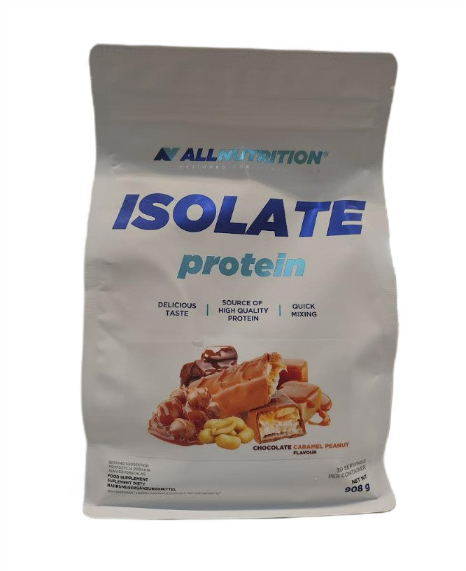 Pakke med Allnutrition Isolate Protein valleisolat i smagen chokolade-karamel-jordnød, 908 g