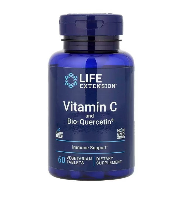 Glas med Life Extension C-vitamin og quercetin-fytosom, 60 vegetariske tabletter