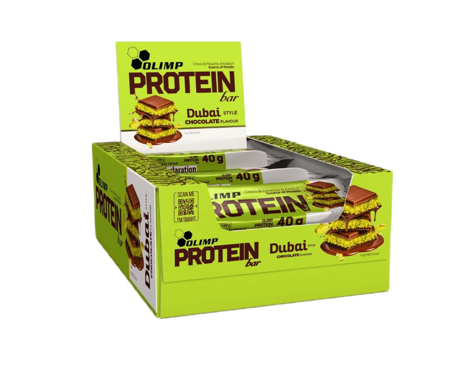 Kasse med Olimp Nutrition proteinbar i smagen Dubai Style Chocolate, 25 stk. à 40 g