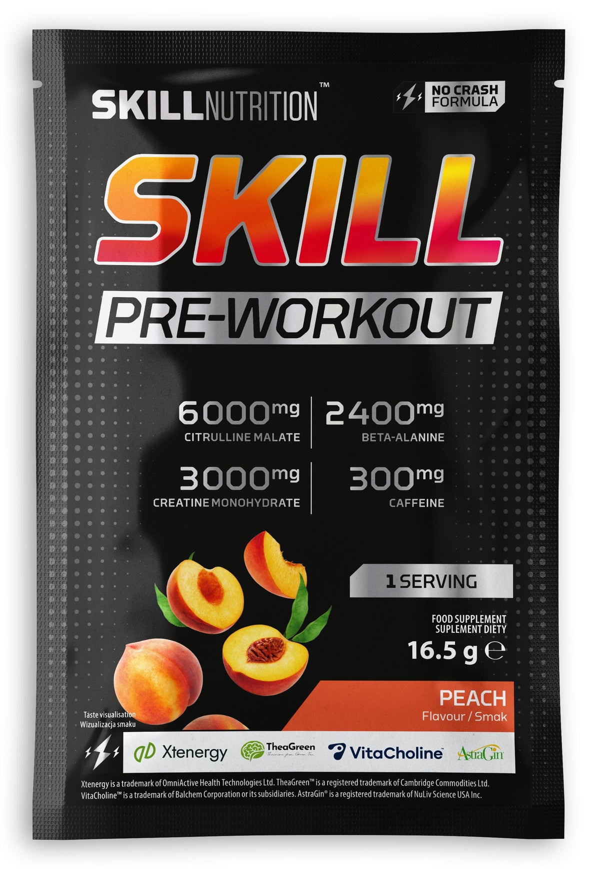 Enkeltdosis Skill Nutrition Skill Pre-Workout pulver med ferskensmag, 16 g