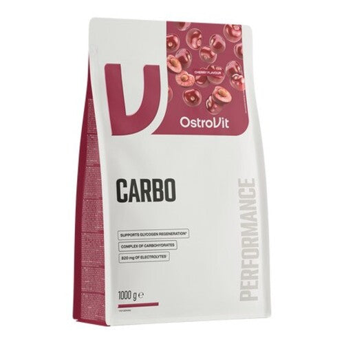 Pakning med OstroVit Carbo kulhydratpulver med kirsebærsmag, 1000 g