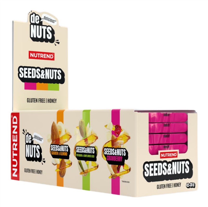 Æske med Nutrend Denuts Seeds & Nuts barer med tranebær, 42 stk. à 35 g