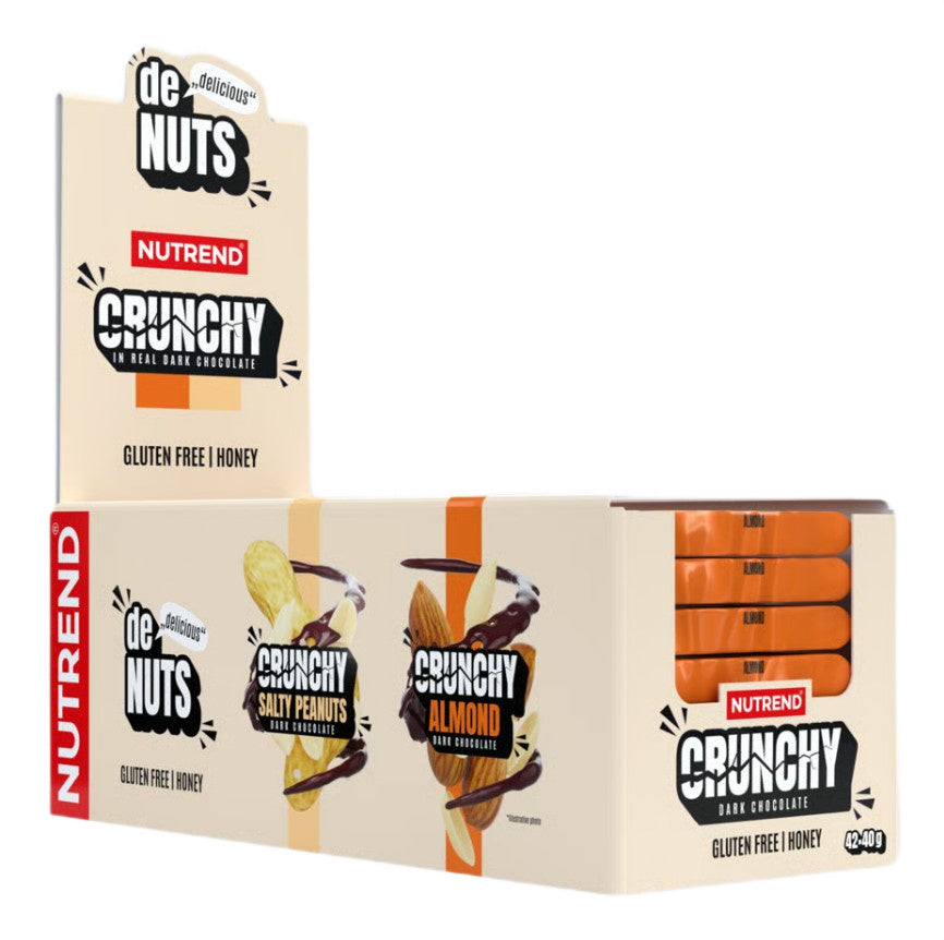 Æske med Nutrend Denuts Crunchy bar i smagen Almond Dark Chocolate, 42 barer