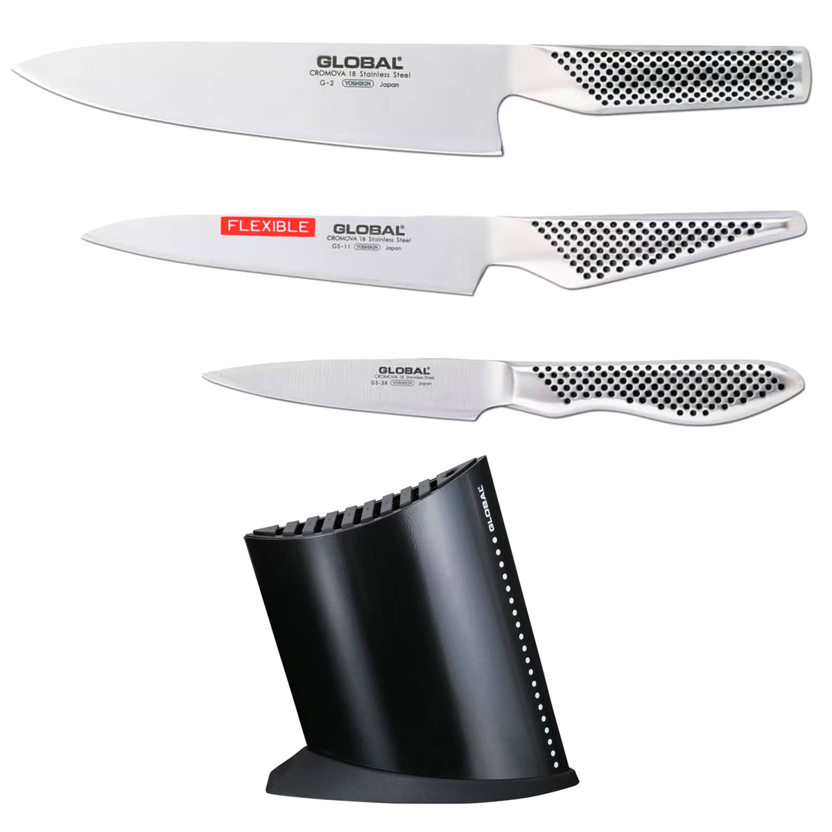 Global knivsæt med tre knive og knivblok
